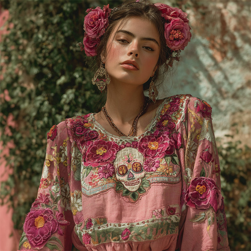Mexican Sugar Skull Ethnic Floral Embroidered Linen Tunic