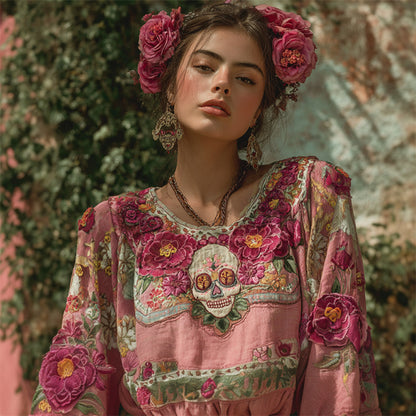 Mexican Sugar Skull Ethnic Floral Embroidered Linen Tunic