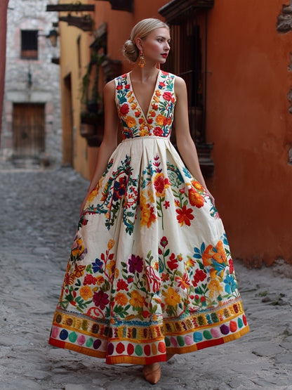 Mexican Flowers Embroidered V Neck Flowy Linen Maxi Dress