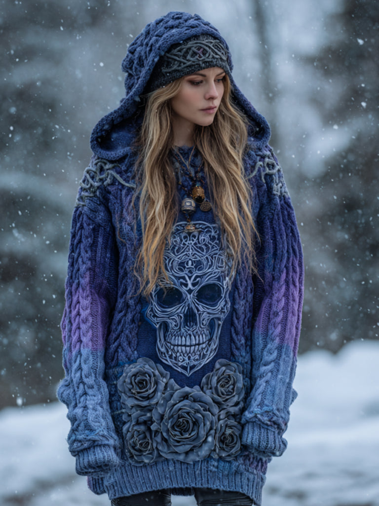 Women's Viking Tribal Jacquard Celtic With Rose And Skull Inspired Chunky Knit Hooded Sweater