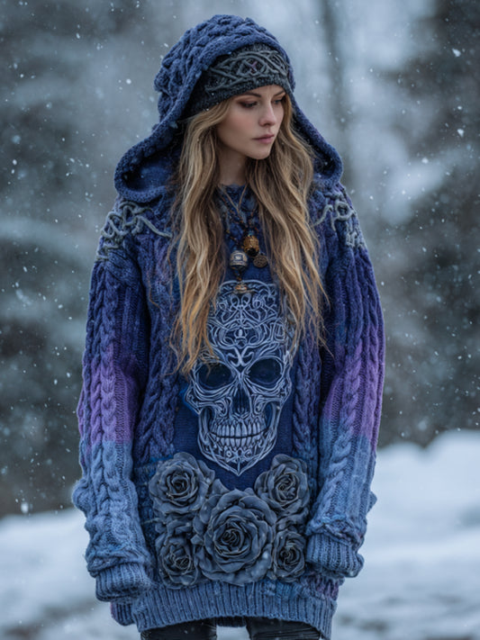 Women's Viking Tribal Jacquard Celtic With Rose And Skull Inspired Chunky Knit Hooded Sweater