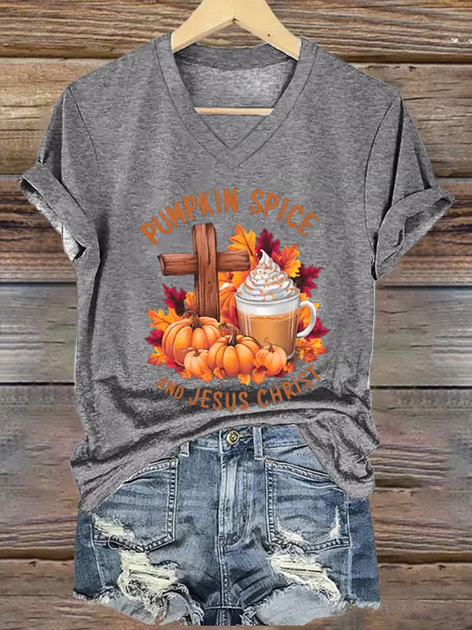 Women's Pumpkin Spice & Jesus Christ Print T-Shirt