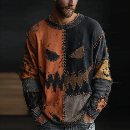 Men's Halloween Spooky Face Colorblock Stitched Cozy Knit Sweater