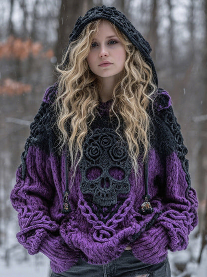 Women's Vintage Viking Tribal Celtic Skull Gradient Art Chunky Knit Hooded Sweater