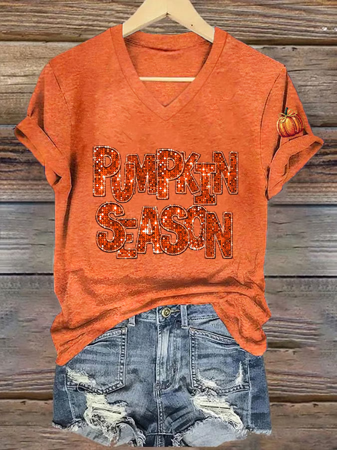 Women's Pumpkin Season Print Short Sleeve T-Shirt