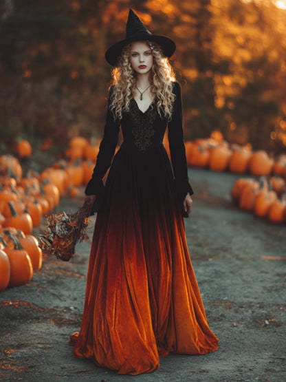 Women's  Vintage Halloween Gradient Art Comfy Velvet Maxi Dress