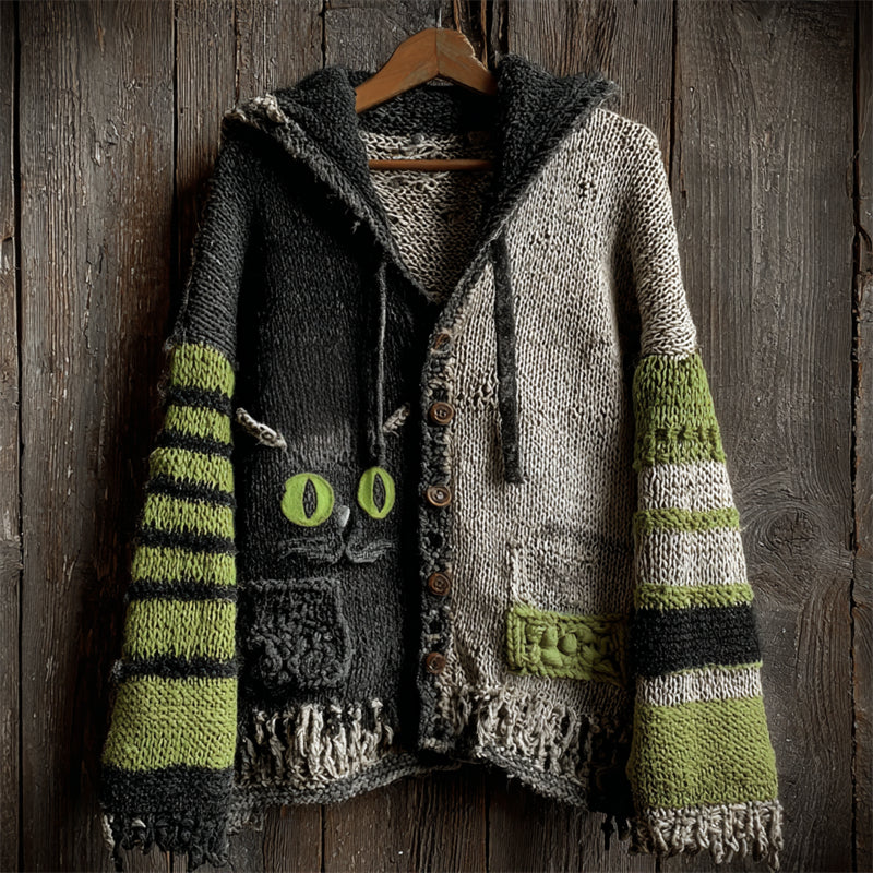 Halloween Black Cat Contrast Striped Hooded Cozy Knit Cardigan