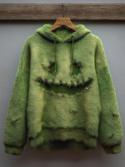 Halloween Fuzzy Monster Face Stitched Plush Hoodie