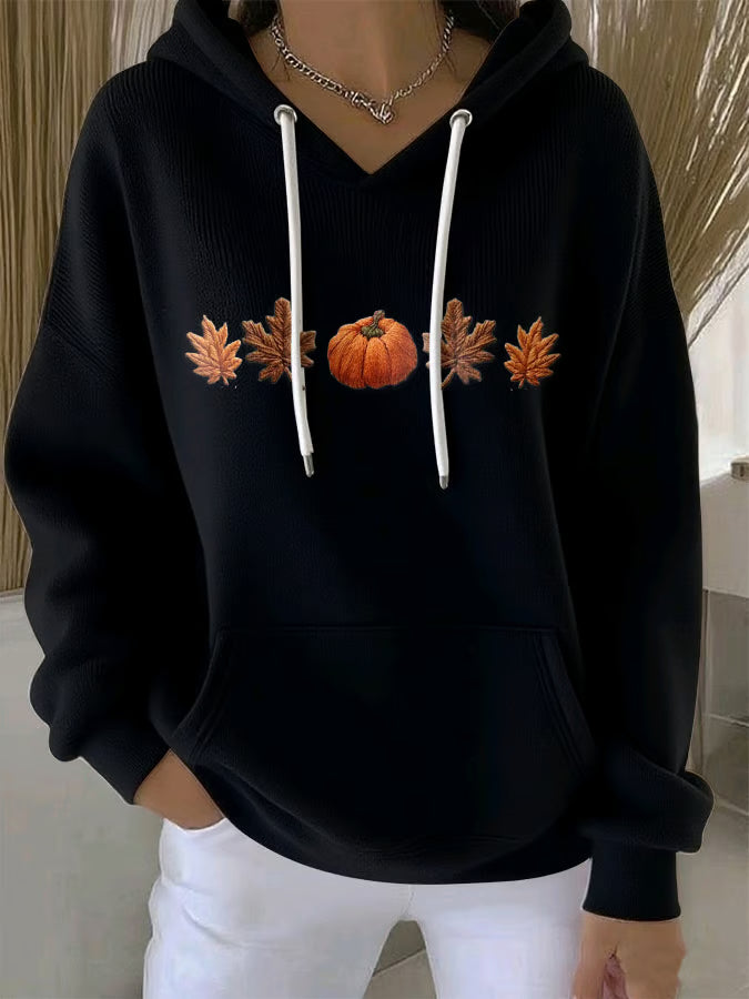 Women's Casual Maple Leaf Pumpkin Autumn Long Sleeve Hoodie