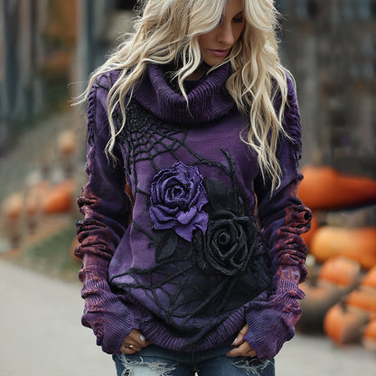Vintage Halloween Black And Purple Rose Art Cozy Knit Turtleneck Sweater