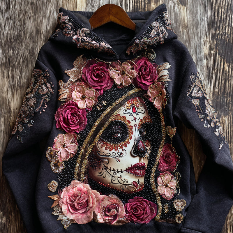 Day Of The Dead Glitter Sugar Skull Woman Floral Fiber Art Hoodie