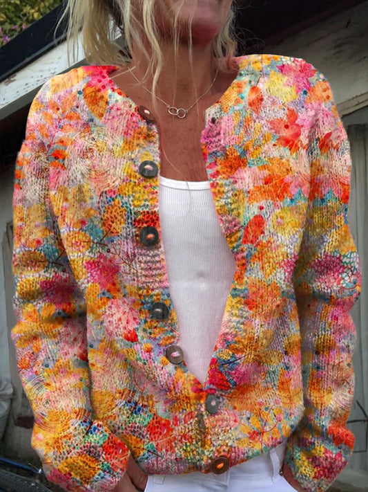 Women's Autumn Art Maple Leaves Printing Flowers Knit Cardigan