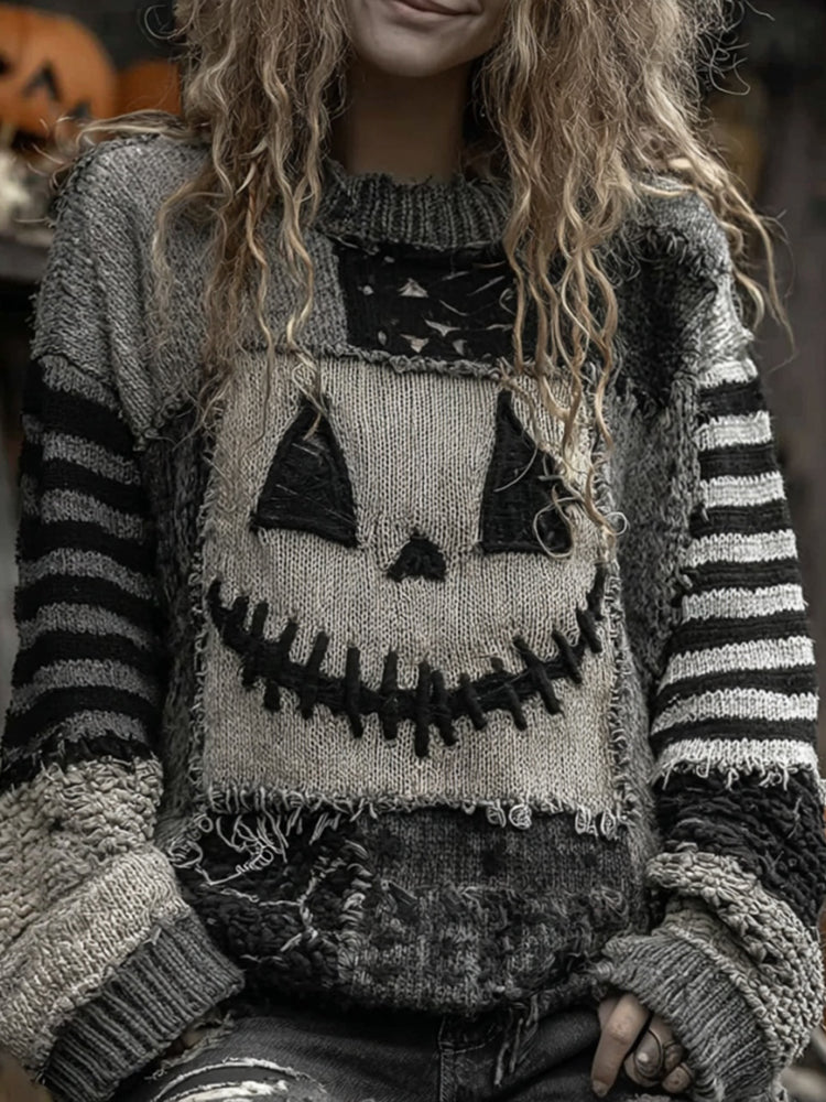 Halloween Face Patchwork Art Cozy Knit Sweater