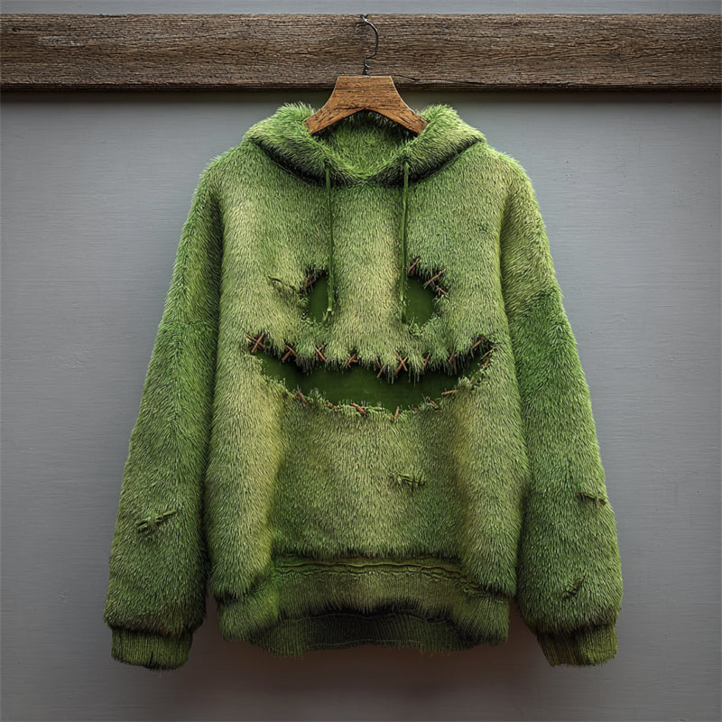Halloween Fuzzy Monster Face Stitched Plush Hoodie