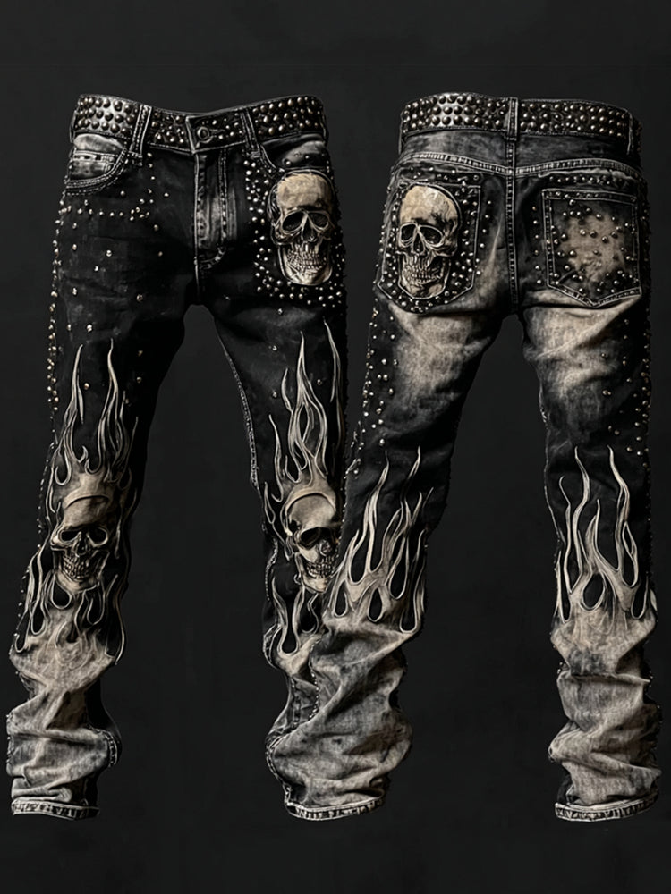 Men's Skulls Flame Contrast Rock Studded Washed Jeans