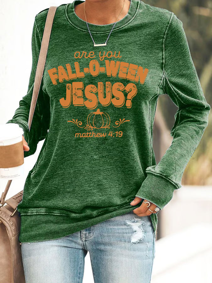 Women's Are You Fall-O-Ween Jesus Print Round Neck Sweatshirt