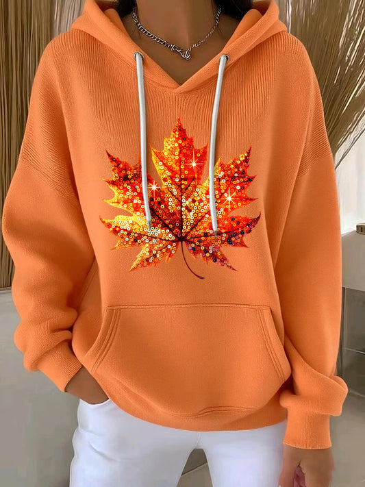 Women's Autumn Maple Leaf Print Casual Hooded Sweatshirt