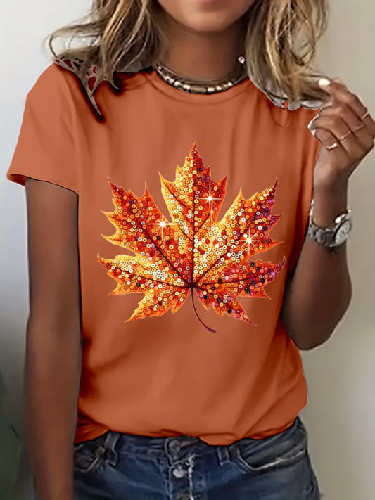 Women's Autumn Sequin Maple Leaf Print Crew Neck T-Shirt