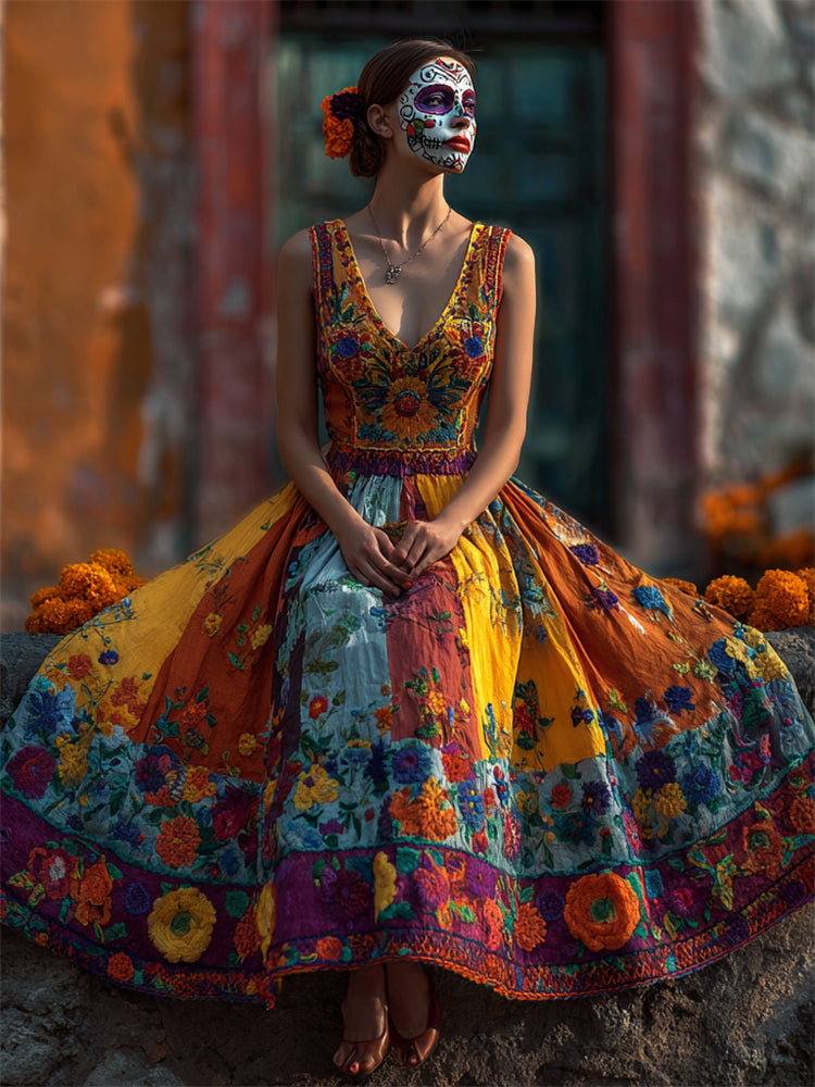 Day Of The Dead Marigolds Floral Embroidered Colorblock Linen Maxi Dress