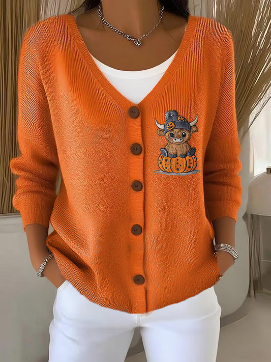 Women's embroidered Highland Cow pumpkin print knitted cardigan