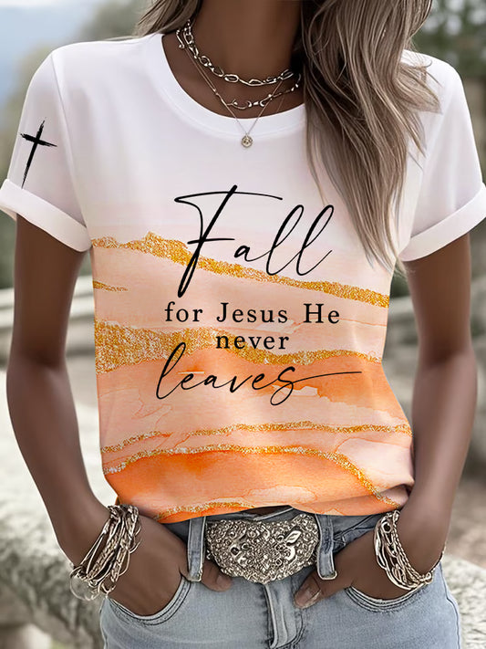 Women's Retro Fall For Jesus He Never Leaves Printed Casual T-Shirt