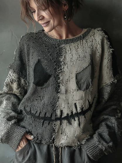 Halloween Spooky Face Sewn Knitted Crew Neck Sweater