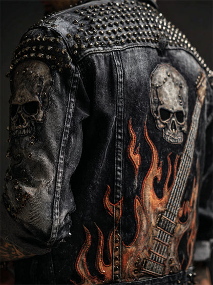 Men's Rock Skull &guitar Flame Studded Washed Denim Jacket