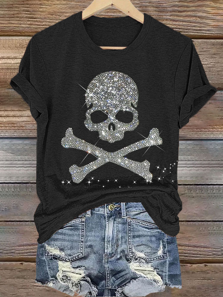 Skull Rhinestone Short Sleeve Crew Neck T-Shirt