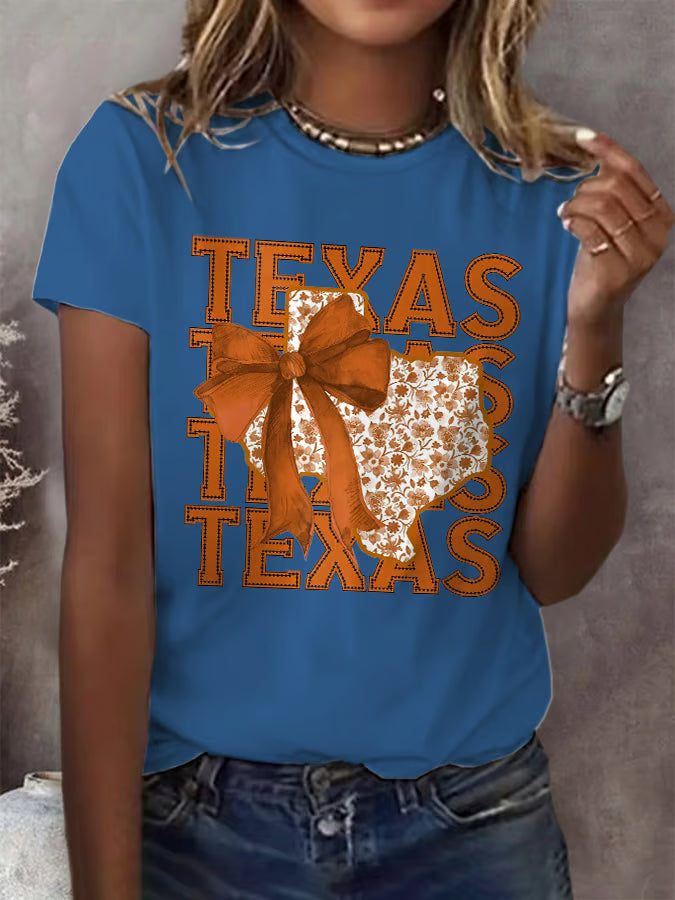 Retro Texas Autumn Burnt Orange Coquette Bow Print T-Shirt