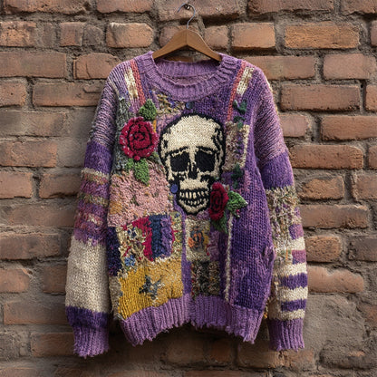 Vintage Skull & Roses Embroidered Patchwork Cozy Sweater
