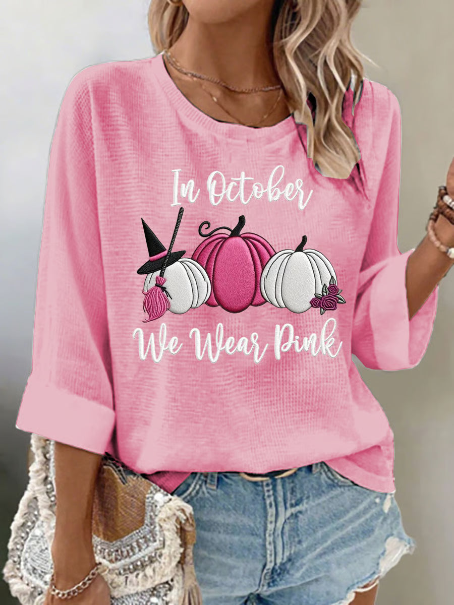 Women's casual pink pumpkin waffle long-sleeved T-shirt