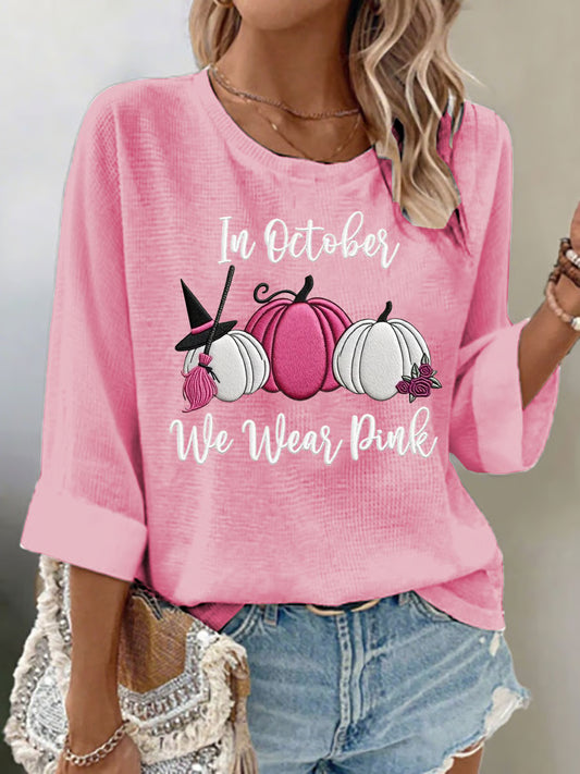 Women's casual pink pumpkin waffle long-sleeved T-shirt