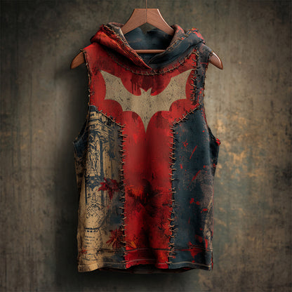 Halloween Bat Vintage Patchwork Men's Hooded Tank