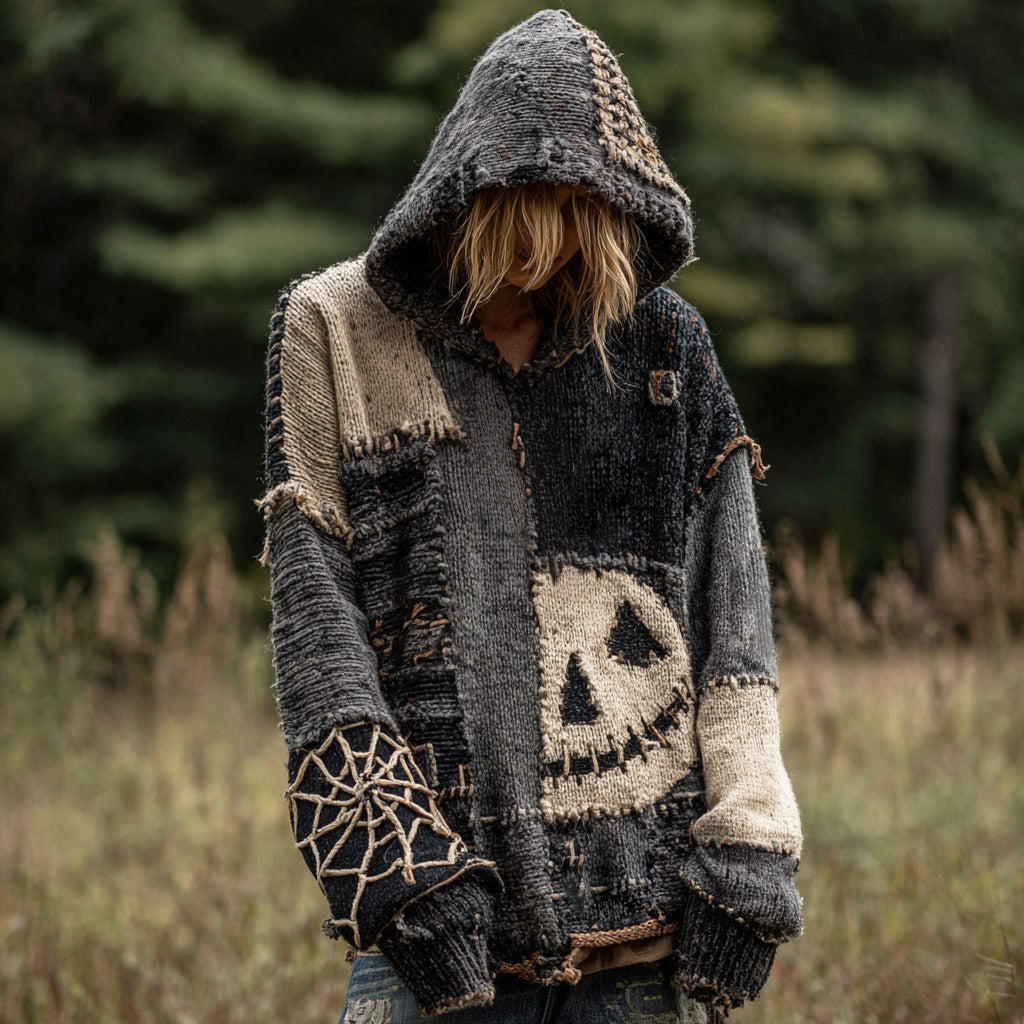 Halloween Spooky Face Patchwork Design Cozy Knit Hooded Sweater