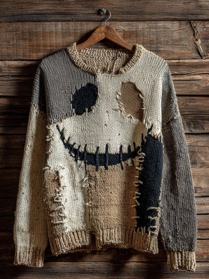 Halloween Spooky Face Contrast Stitched Cozy Knit Sweater