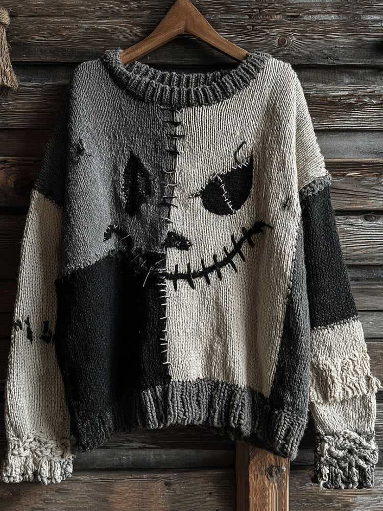 Halloween Spooky Face Contrast Stitched Cozy Knit Sweater
