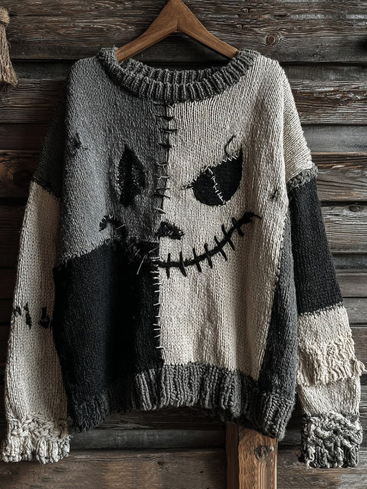 Halloween Spooky Face Contrast Stitched Cozy Knit Sweater
