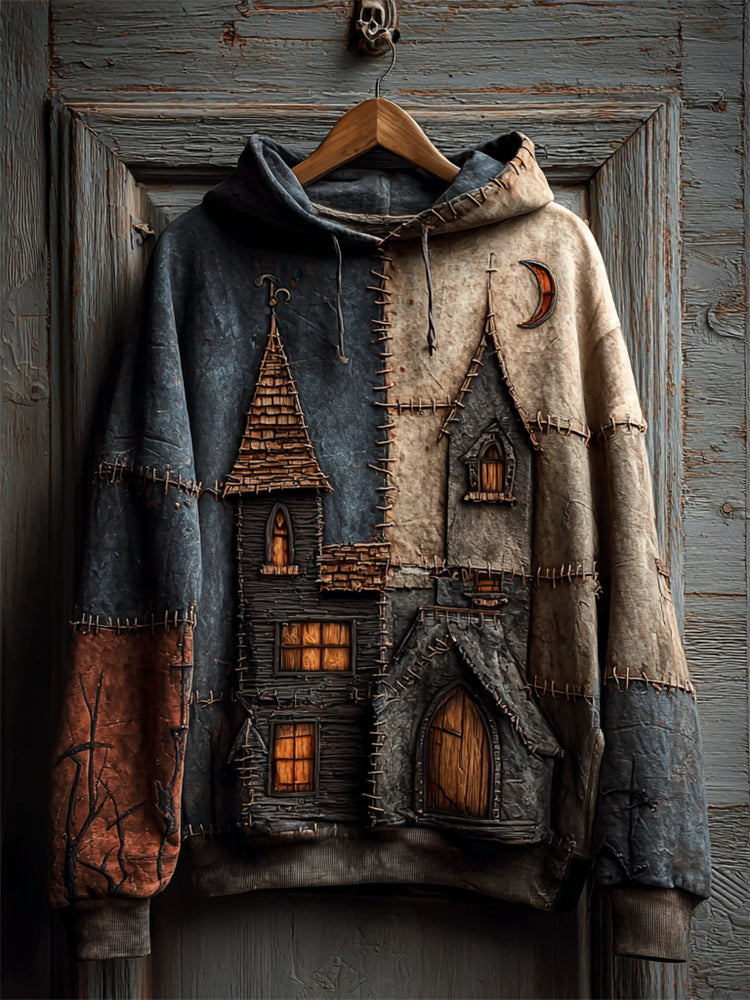 Halloween Spooky Castle Colorblock Stitched Washed Hoodie