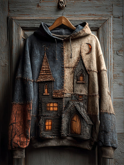 Halloween Spooky Castle Colorblock Stitched Washed Hoodie
