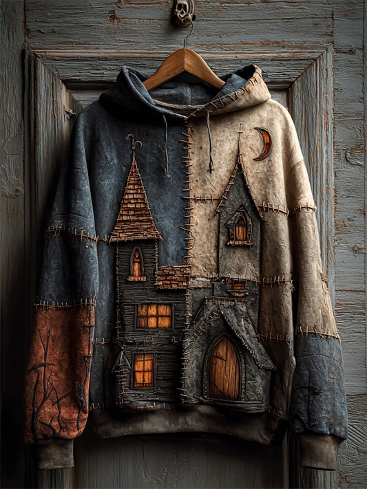 Halloween Spooky Castle Colorblock Stitched Washed Hoodie