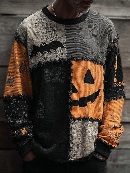 Halloween Pumpkin & Bat Irregular Patchwork Men's Sweatshirt