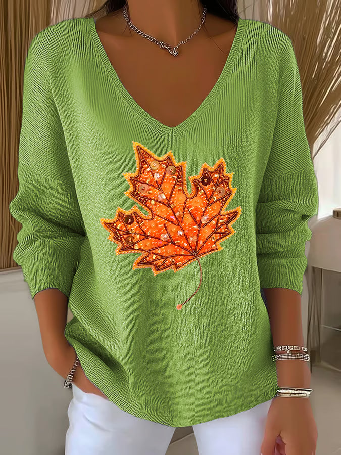 Women's casual autumn maple leaf striped top