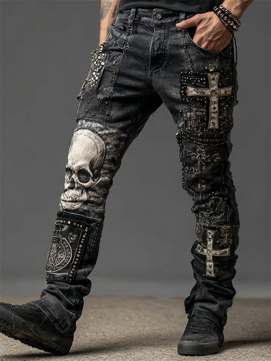 Men's Rock Skull & Cross Patch Studded Washed Jeans