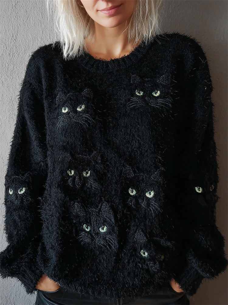 Halloween Black Cat Faces Cozy Fuzzy Sweater