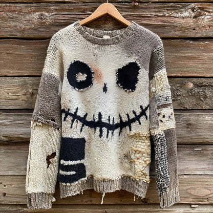 Halloween Spooky Face Contrast Stitched Cozy Knit Sweater