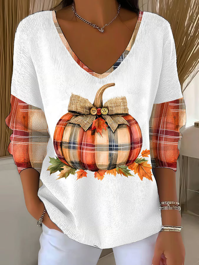 Women's Pumpkin Season Print V Neck Sweater