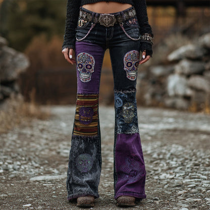Vintage Skull Embroidered Patchwork Washed Bootcut Jeans