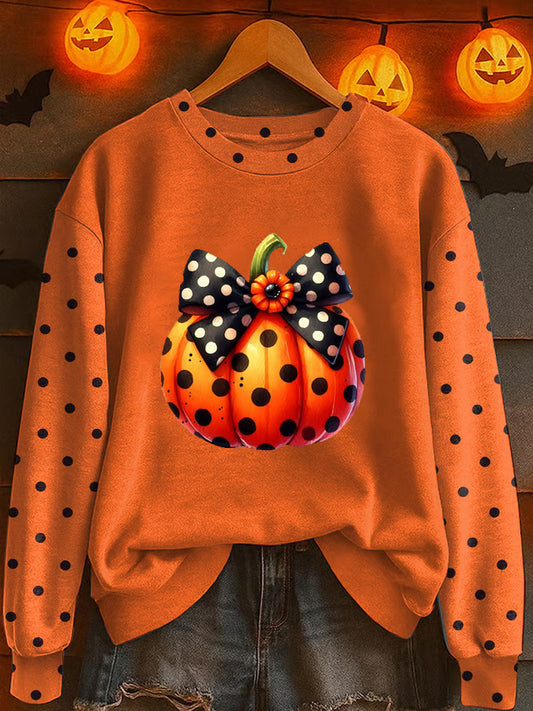 Women's Autumn Polka Dot Design Pumpkin Print Crew Neck Sweatshirt