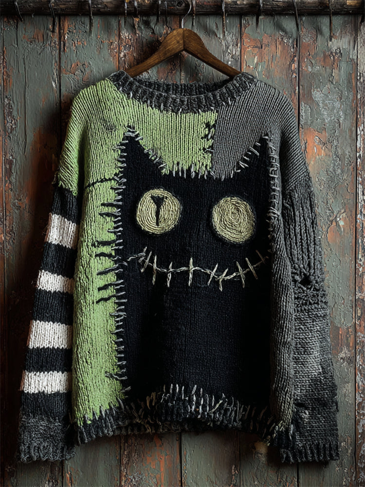 Halloween Black Cat Stitched Contrast Patchwork Cozy Knit Sweater