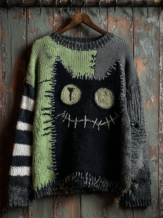 Halloween Black Cat Stitched Contrast Patchwork Cozy Knit Sweater